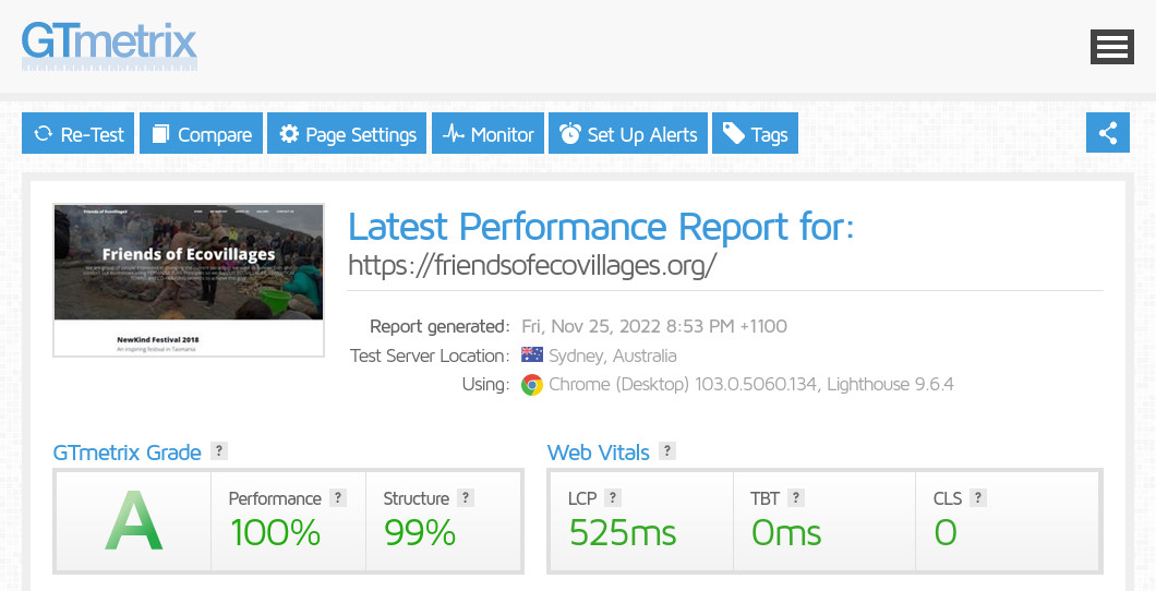 GTMetrix Score for Friends of Ecovillage website - November 2022